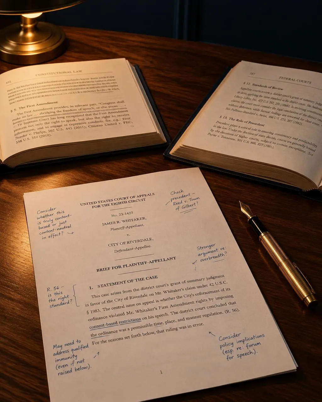 Annotated legal brief on a walnut desk