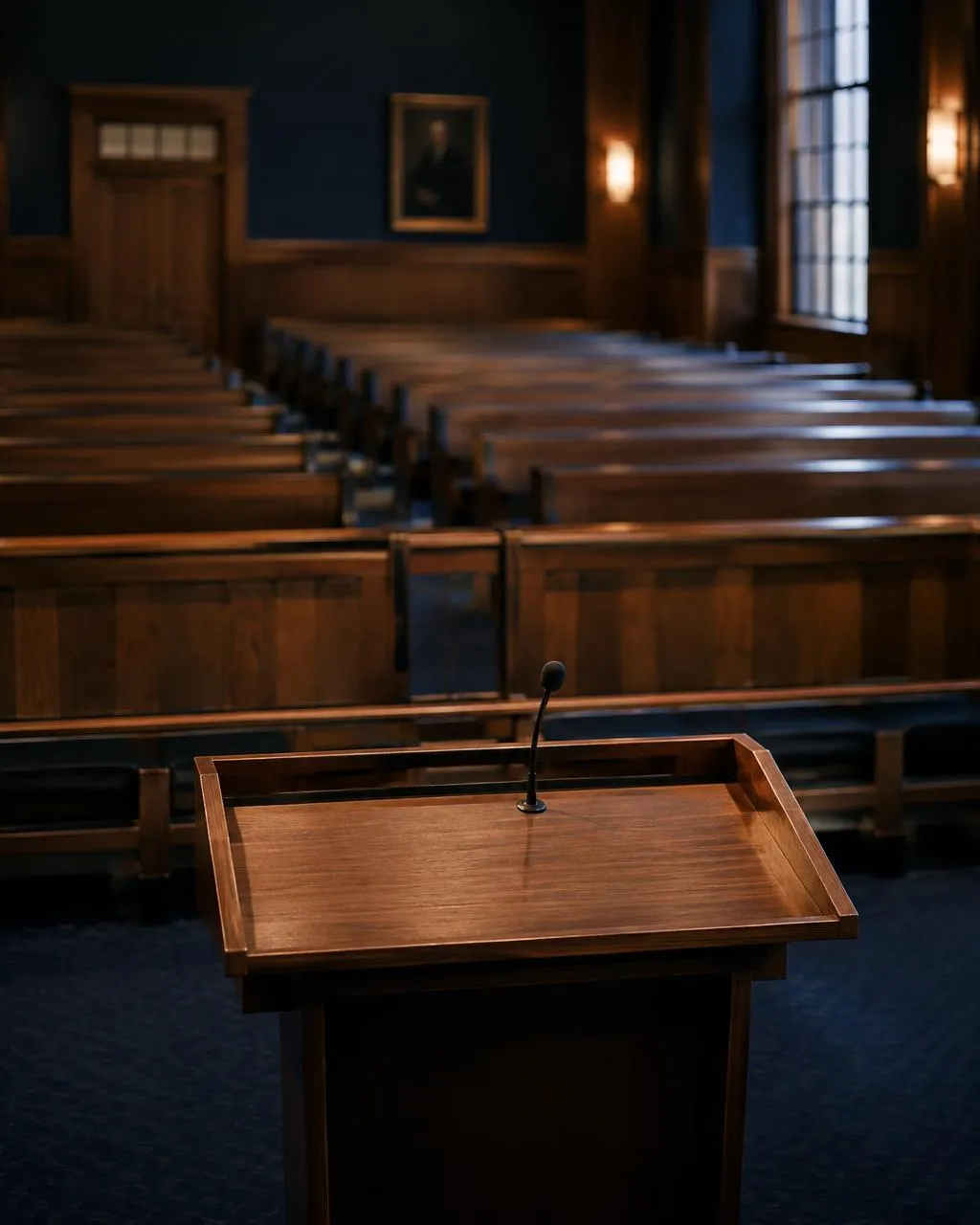 Wooden lectern facing an empty courtroom gallery