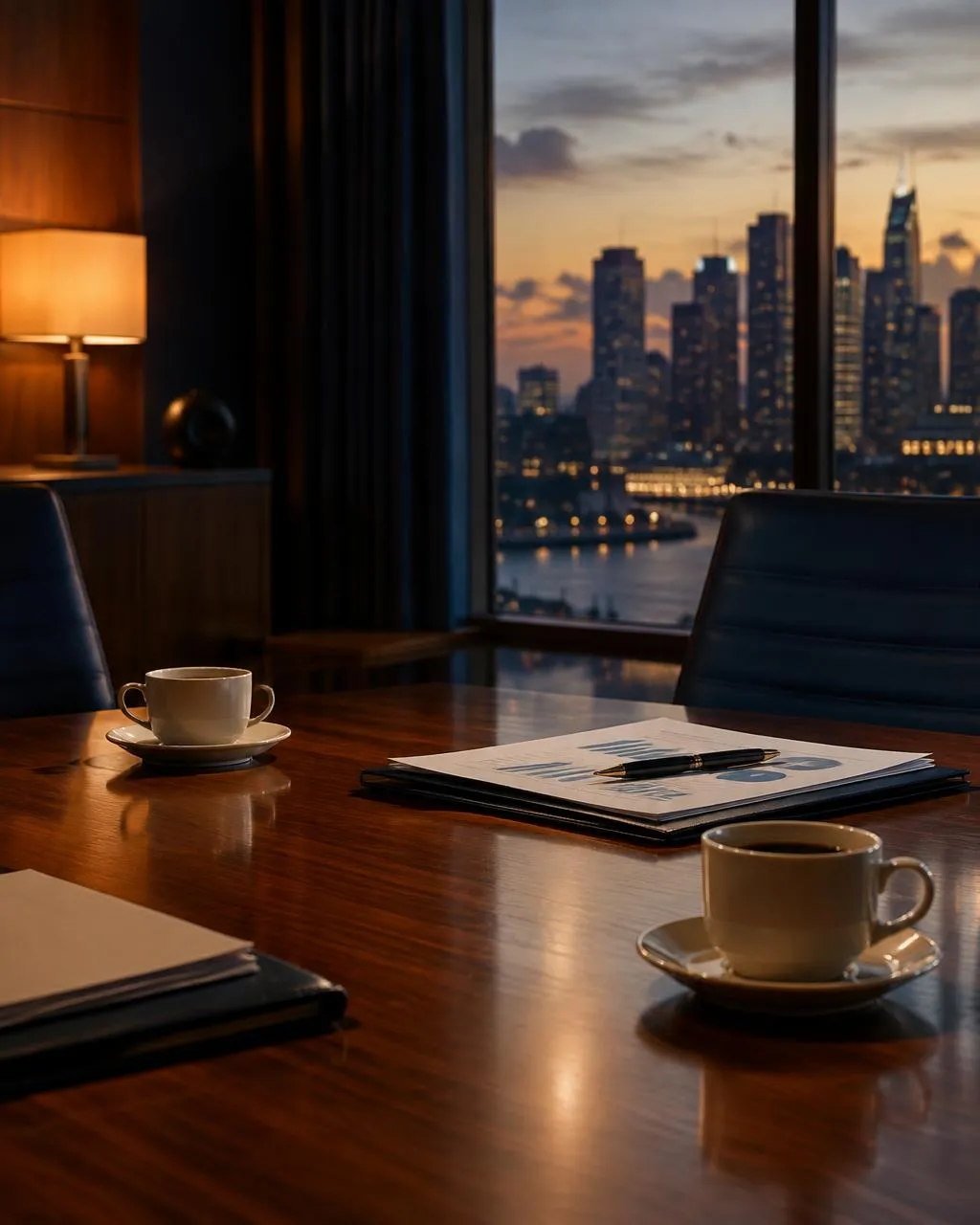 Boardroom table with coffee cups and a city view