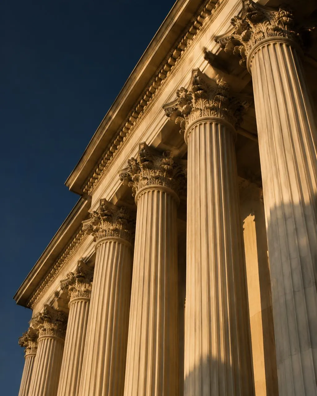 Classical courthouse columns in warm late light