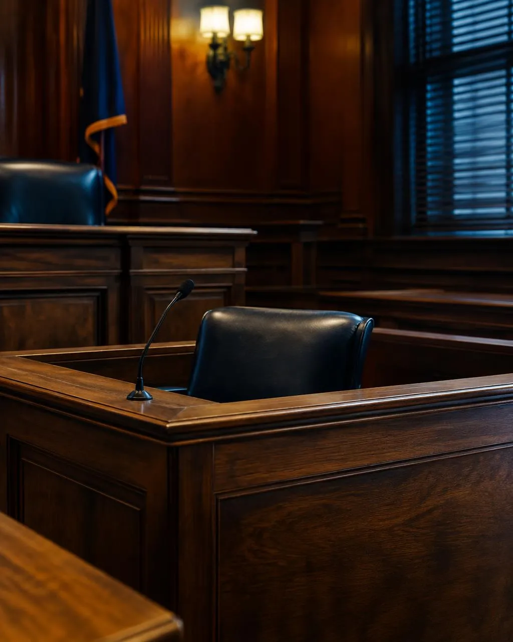 Empty wood-paneled courtroom witness stand