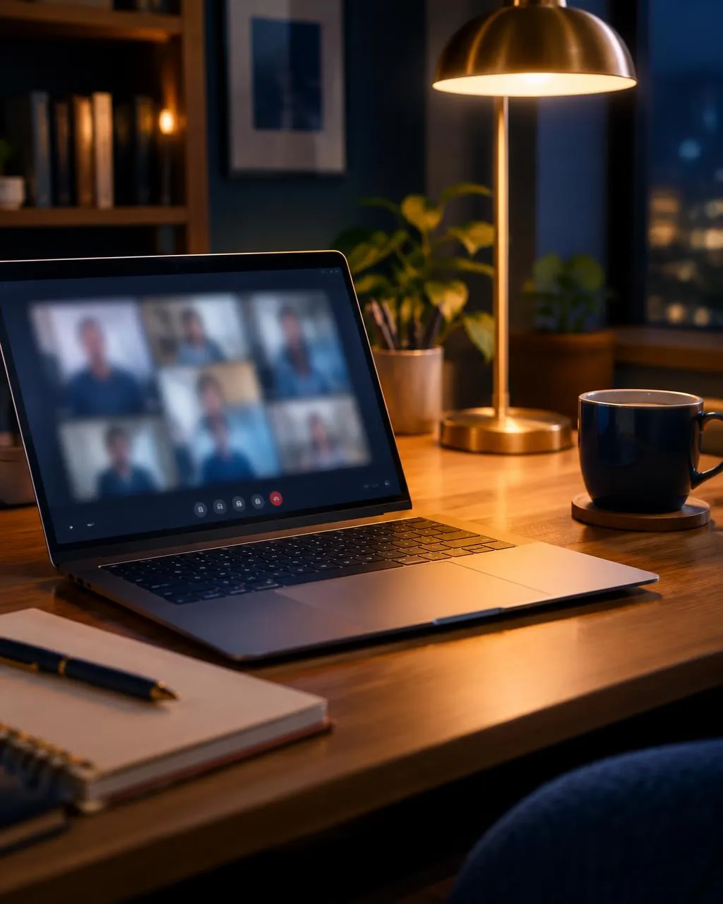 Laptop with a video call on an evening desk