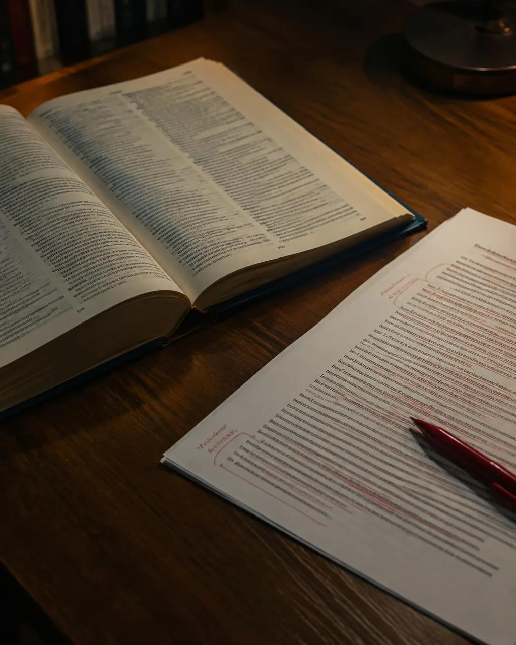 Dictionary beside a marked-up contract