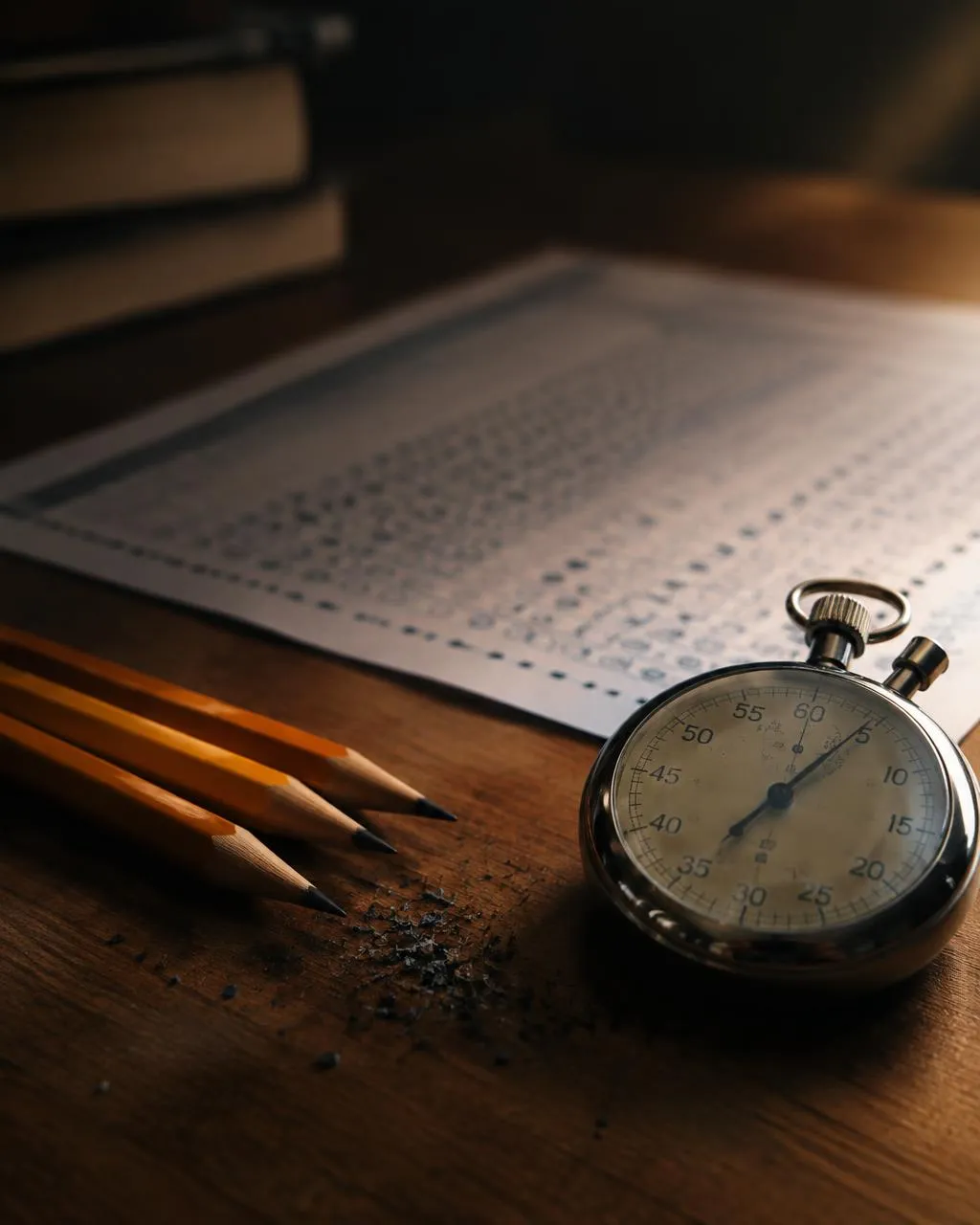 Exam desk with pencils and a stopwatch
